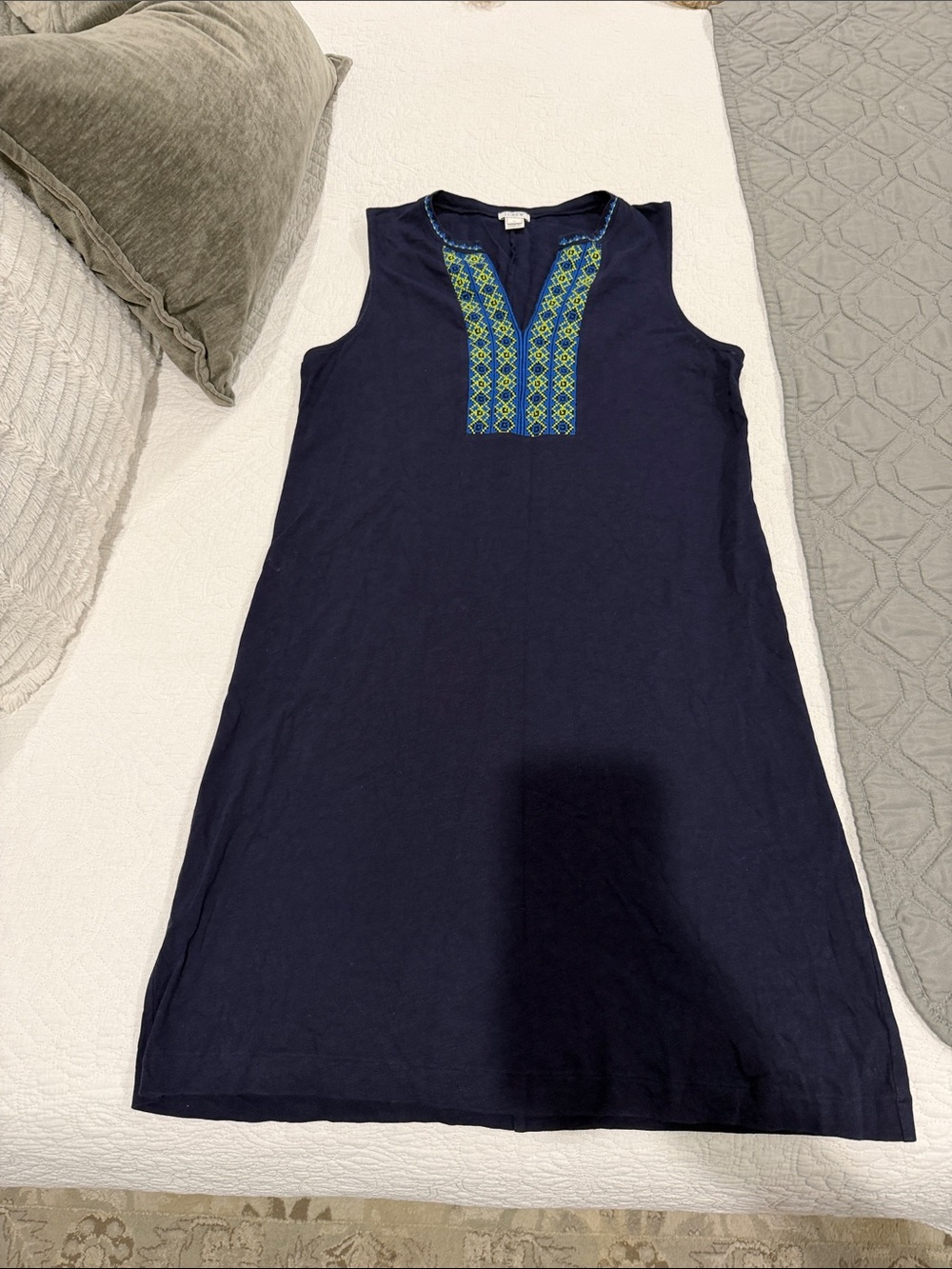 J. Crew Navy Sleeveless Embroidered Shift Dress with Blue-Green Trim